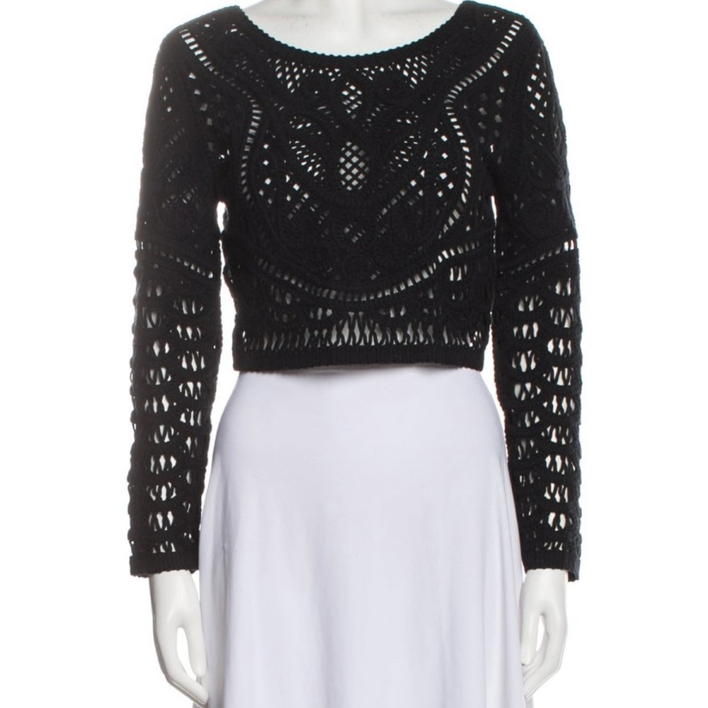 BAS&H Black Cropped Crochet Long Sleeve Sweater